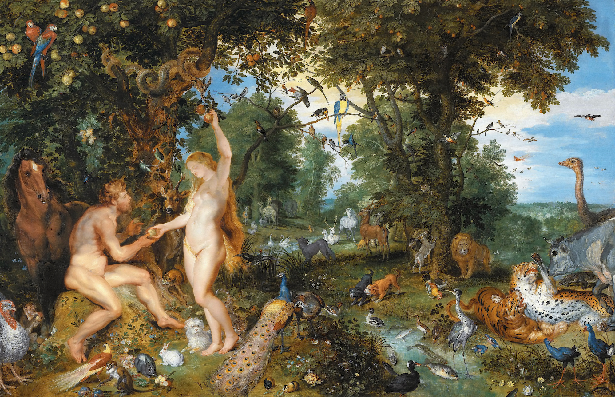 The garden of Eden with the fall of man *oil on panel *74.3 × 114.7 cm *signed b.l.: PETRI PAVLI RVBENS FIGR. *signed b.r.: IBRUEGHEL FEC *circa 1615