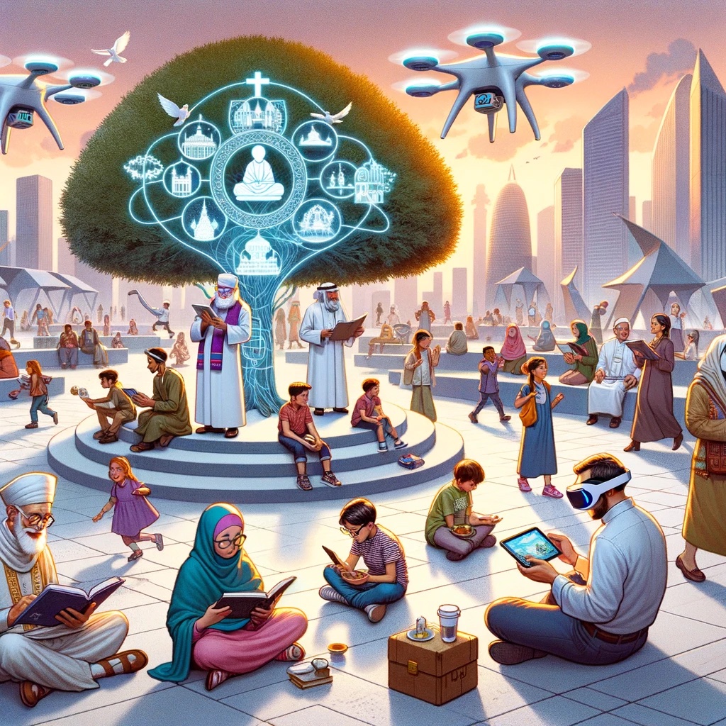 Illustration: In a modern urban plaza, Gen A children and teenagers of various descent and gender are spread out, engrossed in different spiritual activities. Some sit under a digital tree that projects religious parables, while others are in VR sessions experiencing religious pilgrimages. A small group is gathered around an elder, having a spirited discussion about faith in the digital age. Above them, drones shaped like doves distribute digital pamphlets on spirituality. The ambiance is a fusion of serenity and tech, showcasing how Gen A intertwines faith with the digital realm.