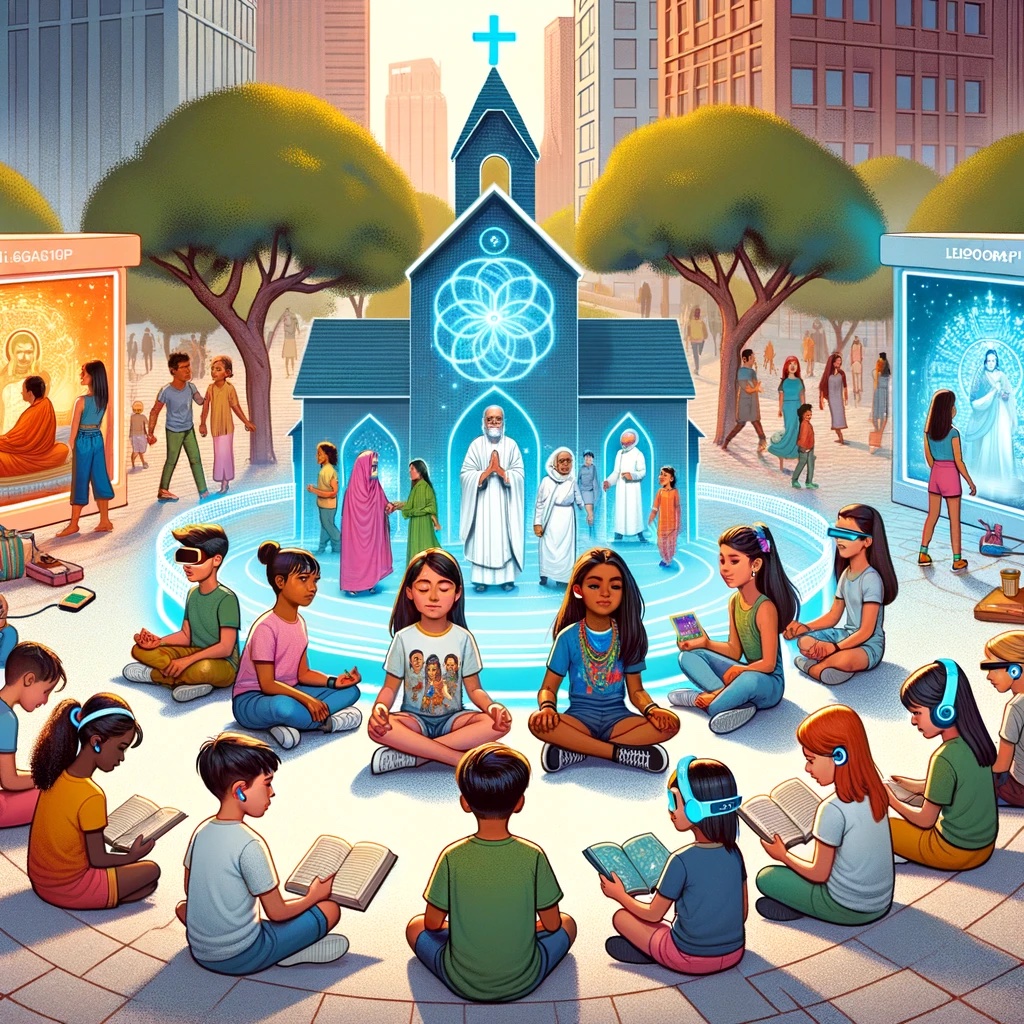 Illustration: At the heart of a bustling city park, diverse Gen A children and teenagers of various descent and gender are seen engaging with both technology and spirituality. Some sit in circles practicing group meditation, while others use holographic devices projecting stories of saints and religious figures. A pair of children, with earbuds in, seem to be listening to spiritual chants. Nearby, a virtual reality kiosk showcases a serene temple scene, attracting a few kids. The backdrop features a digital church with a glowing cross, juxtaposed next to a tree where a young girl is reading a traditional religious book.
