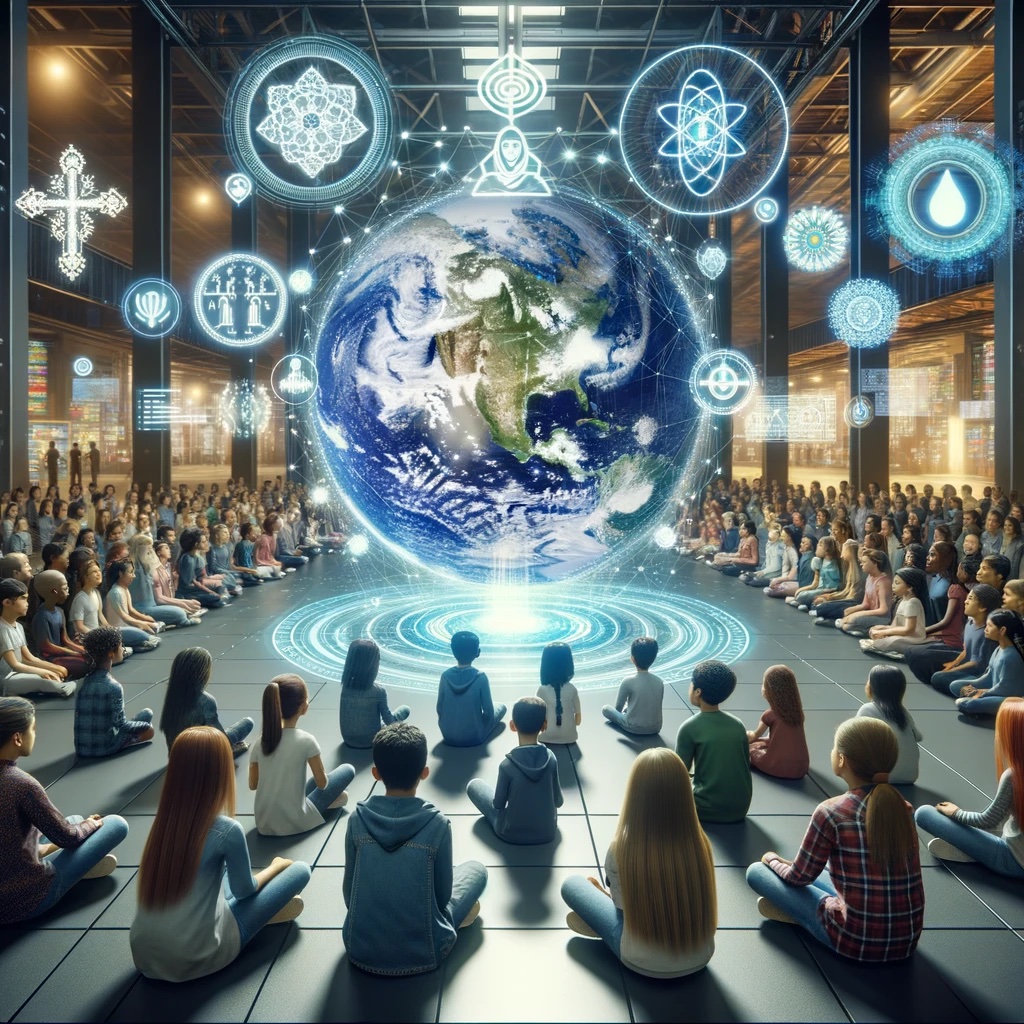 Photo Image: In a futuristic community space, diverse Gen A kids of various descent and gender are gathered, focusing on a central holographic projection of the globe. This globe is surrounded by floating religious symbols from different cultures. Scattered around them are digital interfaces displaying various AI elements, from chatbots to virtual reality visualizations. The whole scene evokes a fusion of spirituality, technology, and global unity characteristic of Generation Alpha.